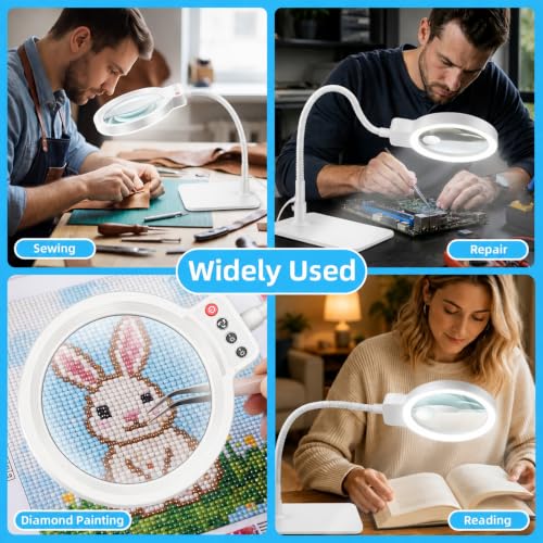 30X 10X Large Magnifying Glass with Light and Stand,LED Magnifier Desk Lamp - color: White