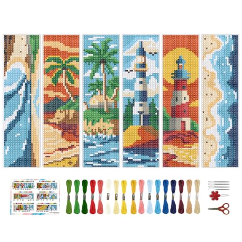 BEUNITONE 6 Pcs Summer Cross Stitch Bookmark Kits for Adults Beginners - style: Island Elements