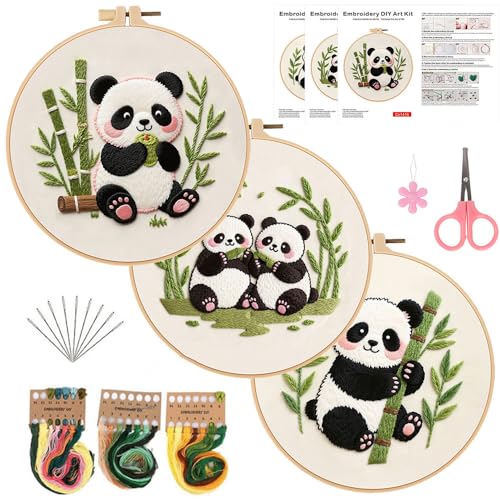Konrisa Panda Embroidery Starter Kit for Beginners, Cross Stitch Kit with 3pcs Embroidery Pattern, DIY Sewing Project Adult Needlepoint Kit with Hoop, Set of 3 - color: panda