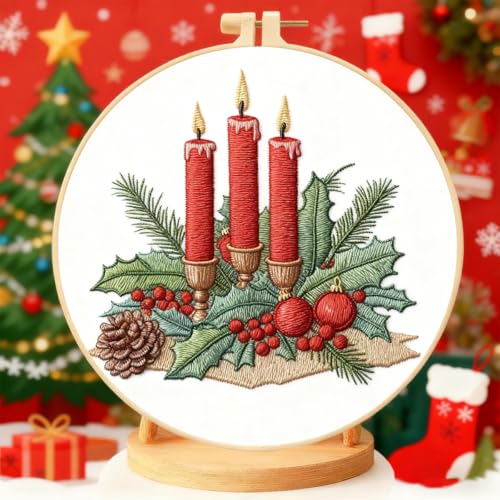Zhenqing Christmas Candle Embroidery Kit for Beginners, Red Candle Holly Berry Needlework Kit with Pre-Printed Fabric, Hoop, Threads & Tools (C0145) - color: Christmas Red Candle