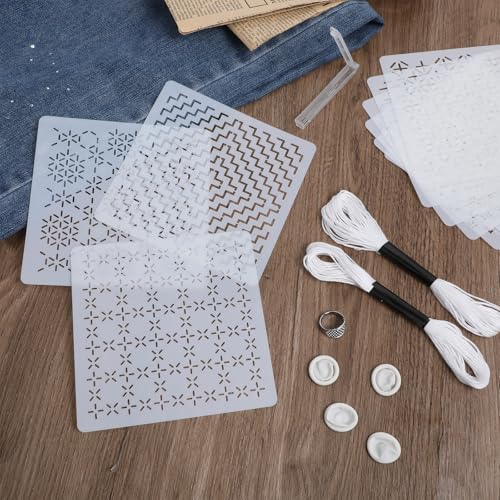 Sashiko Stencil Kit 4.7 x 4.7 Inch Plastic Sashiko Kit with Sashiko-Thimble and Needles Quilting Stencils for Hand Quilting and Embroidery (25 Pcs)