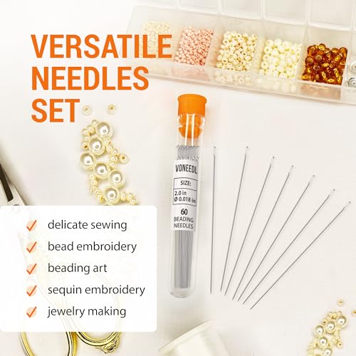 VONEEDL 60 Straight Beading Needles with Convenient Storage Tube Size 10-0.45mm (0.017in) Extra Fine Seed Beads Needles - Perfect Bead and Sequin Embroidery, Jewelry Making, Crafting, and DIY - size: #10 - 0.45mm, style: 60pcs