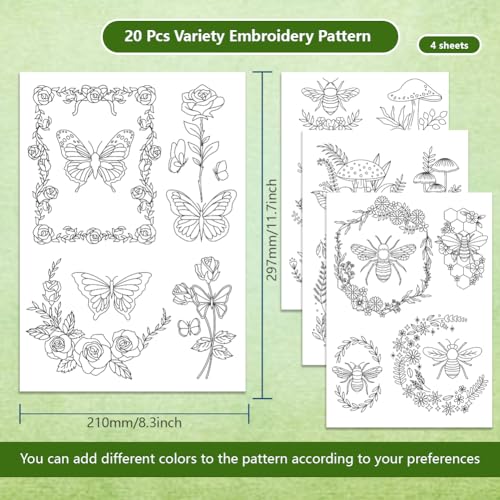 BENECREAT 4Sheets 20Pcs Wreath Bee and Mushroom Water Soluble Embroidery, 11.7x8.3inch Stick and Stitch Embroidery Paper Stabilizer Water Soluble Hand Sewing for Shirts, Coats, Bags - color: Wreath Bee and Mushroom