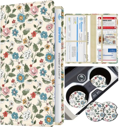 Slohif Car Registration and Insurance Holder with 2 Car Coasters, Elegant - color: Pink Blue Floral