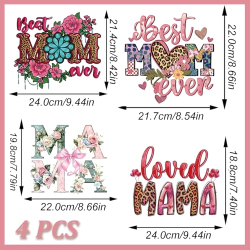 Mother’s Day Iron on Patches for Clothes, 4PCS Best Mom Ever DTF Transfer Ready to Press Colorful Flower Rose Love Mom Pattern Heat Transfer HTV Vinyl Decals for Mother T-Shirt Jacket DIY Bags Decor - color: Mother's Day B