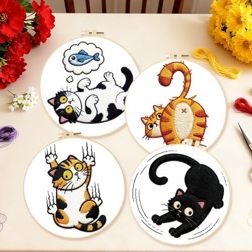 BEUNITONE 4PCS Fun and Funny Cat Embroidery Kit for Beginners, Cute Pre-Print Cat Pattern Hand Embroidery Kits with Hoop and Instruction, DIY Needlepoint Craft Kit for Gifts and Home Decor - style: A-Cat-02