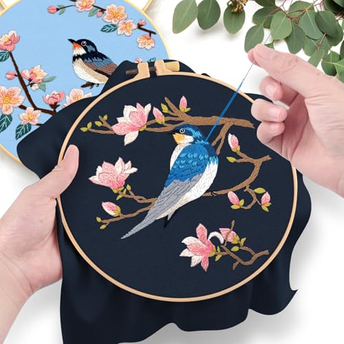 ERKOON Embroidery Kit for Beginners, 2 Set Floral Cross Stitch Set Include Embroidery Cloth Hoops Threads for Craft Lover Hand Stitch with Embroidery Skill Techniques (Bird) - color: Bird