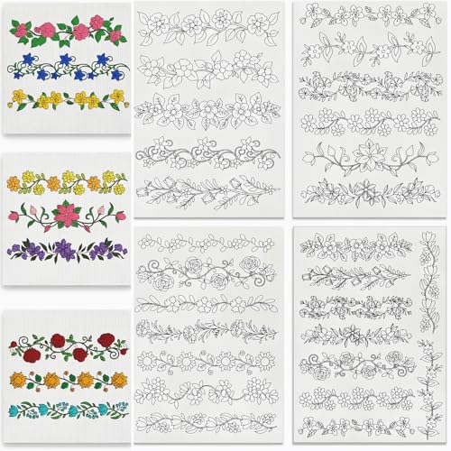 4 Sheets Retro Floral Stick and Stitch Embroidery Stabilizers, 11.7x8.3 Inch Water Soluble Embroidery Transfer Paper with Pre-Printed Flower Patterns for DIY Hand Embroidery Beginners Lovers Gifts