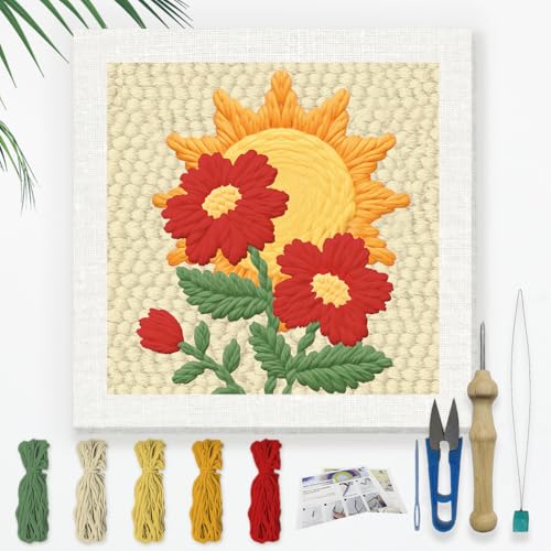 Doodlream Flowers and Sun DIY Punch Needle Embroidery Kit for Adult Beginner, 9.4" Punch Stitching Craft Set for Starter with Frame, Fabric Pattern, Threader, Yarn, Pinch Needle - color: Flowers and Sun