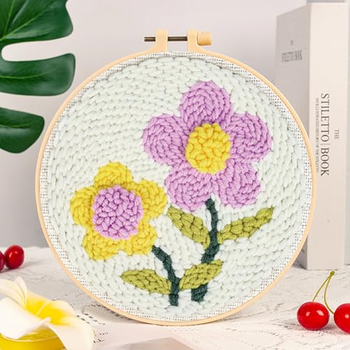 Woohome Punch Needle Kit Included Plastic Hoops, Punch Needle Cloth, Color Yarn and Punch Needle Tools for Adults, Beginners (White, Pink and Purple Flowers) - color: Color 20