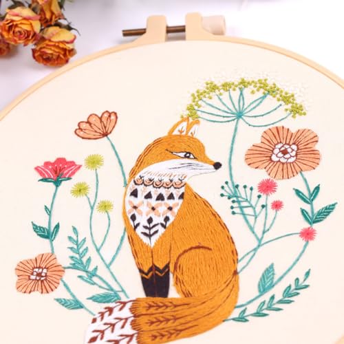 YEESAM ART Embroidery Kit with Fox and Beautiful Flowers Patterns, Full Set DIY Embroidery Cross Stitch Kits for Adults Beginners Needlework Sewing (Fox)