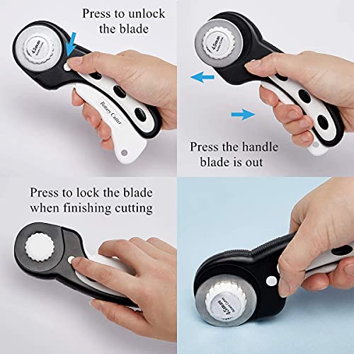 45mm Rotary Cutter with 7pcs Replacement Blades, Ergonomic Handle Rolling Cutter with Safety Lock for Fabric, Leather, paper, Crafting, sewing, Quilting, Perfect for Left & Right Hand(Black) - color: Black, size: 45mm