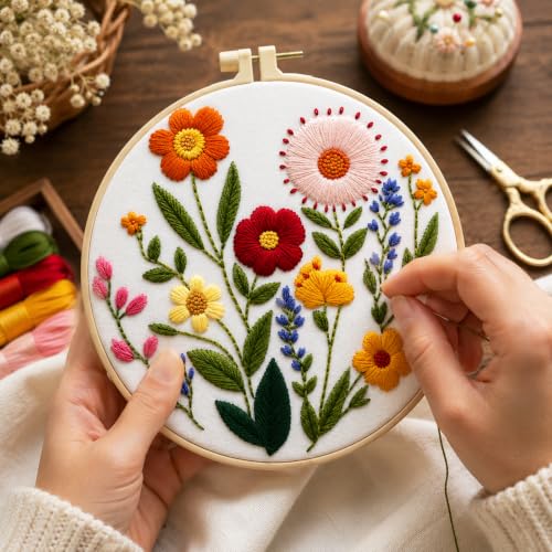 Zhenqing Wildflower Embroidery Kit for Beginners, Floral Needlework Kit with Pre-Printed Cotton Fabric, Hoop, Threads & Tools, Flower Wall Decor (C0125) - color: Wildflower Floral
