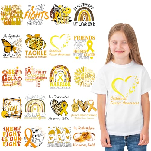 Dtf Transfers Ready to Press - 20Pcs Childhood Cancer Awareness Iron on Transfers Gold Ribbon Iron on Decals Cancer Survivor Heat Transfer Vinyl Stickers for Charity Clothing Pillows Bag DIY Crafts - color: Cancer Awareness