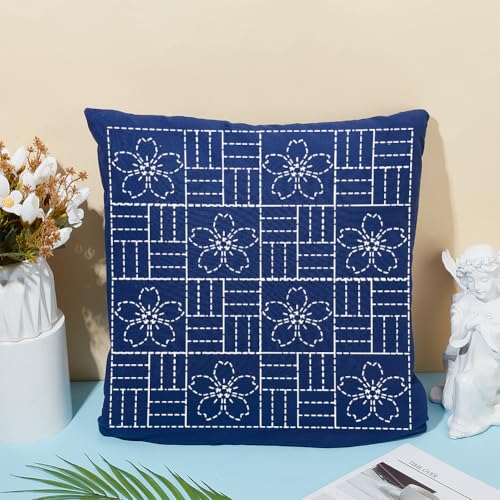 WEBEEDY DIY Sashiko Pillowcase Template Set for Traditional Japanese Sashiko Pattern Fabric Pillowcase Embroidery Kit Stitching Sashiko with Video Instructions for Home Sofa Decor, 15.7x15.7inch