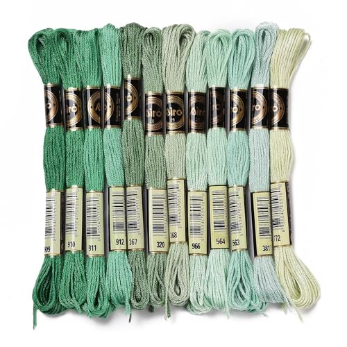 12 Skeins Green Cross Stitch Threads 0.5mm Embroidery Floss 6 Ply Polyester Friendship Bracelets Floss Crafts Floss 12 Color 8.75 Yards(8m)/Skein - color: 12 Skeins, Green
