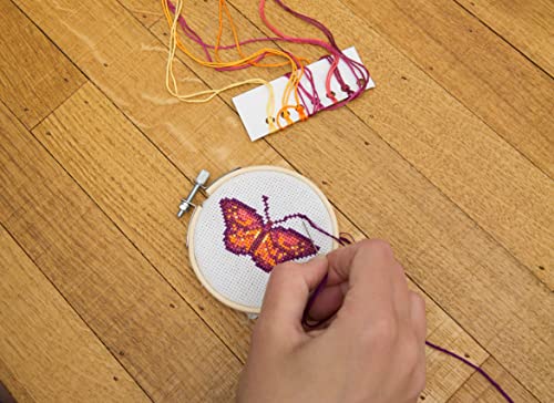 Kikkerland DIY Mini Cross Stitch Butterfly Embroidery Craft Starter Kit Set, with Pattern Instructions, 3" Bamboo Hoop, Stress Relief, Adult Beginner Friendly - color: Bamboo, Polyester floss, 90% cotton 10% polyerster fabric