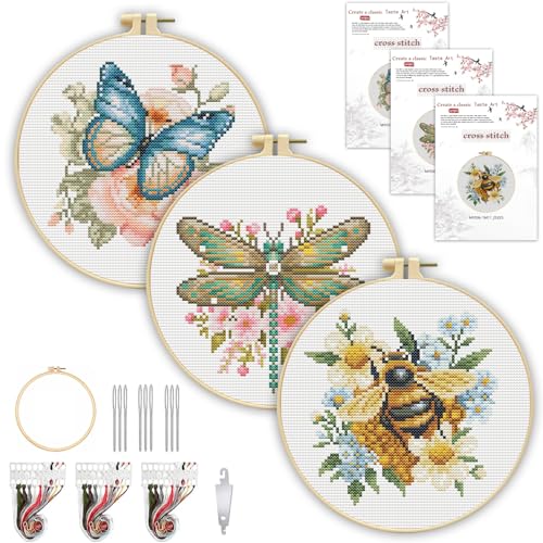 3 Pack Cross Stitch Kits for Beginners-Insects and Flowers,with Hoop 8x8in - color: Insects and Flowers