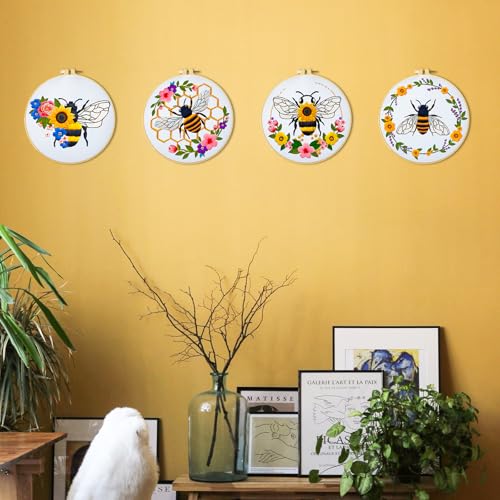 INFUNLY 4 Sets Bees and Flower Embroidery Kits for Beginner DIY Cross Stitch Starter Sets with Instruction Sunflower Honeybees Handmade Needlepoint Kits with Embroidery Cloth Colored Thread Hoop Tools - style: Bees