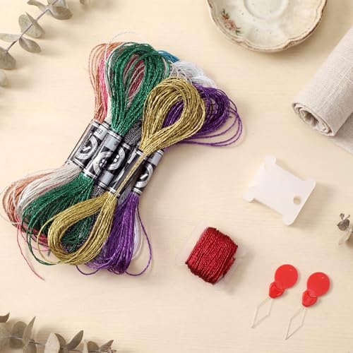 10Colors Metallic Sparkle Embroidery Floss Set, Glitter Cross Stitch Thread Including 10 Skeins Thread, 12pcs Plastic Bobbins and 2pcs Threaders for Cross Stitch DIY Craft (8m 12 Strands)