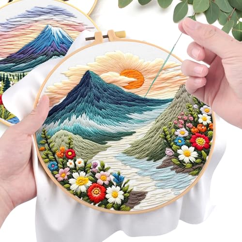 ERKOON 4 Set Embroidery Kit for Beginners, Cross Stitch Set Include Embroidery Cloth Hoops Threads for Craft Lover Hand Stitch with Embroidery Skill Techniques (Landscape) - color: Landscape