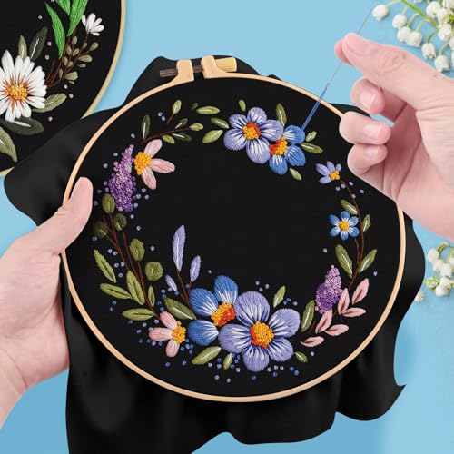 ERKOON 3 Sets Embroidery Kit, Floral Cross Stitch Set for Include Embroidery Cloth Hoops Threads for Craft Lover Hand Stitch (Garlands) - color: Garlands