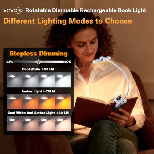 VAVOFO 24 LEDs Rotatable Book Light, Rechargeable Clip Reading Lamp, White - color: White