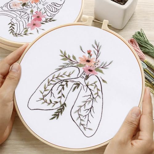 Yangshine 3 Sets Human Anatomy Embroidery Kit for Beginners,Heart,Lungs,Bones, Anatomy Floral Art Print Cross Stitch Kits,Including Hoops, Fabric,Threads,Needles,Instructions and Tool Kit - color: Heart Lungs Bones
