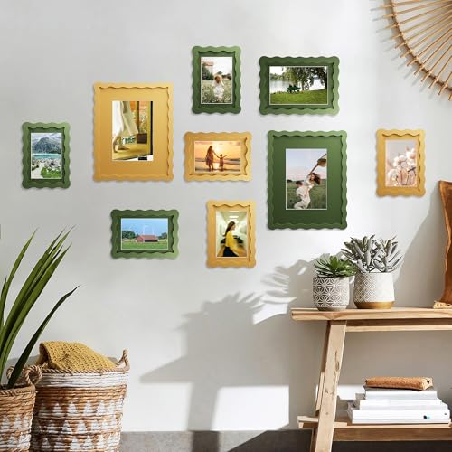 11x14 Picture Frame with Mat for 8x10, Wavy Edge Wooden Real Glass Photo Frame for Wall Hanging, Green, 1 Pack - color: Green, size: 11x14 in