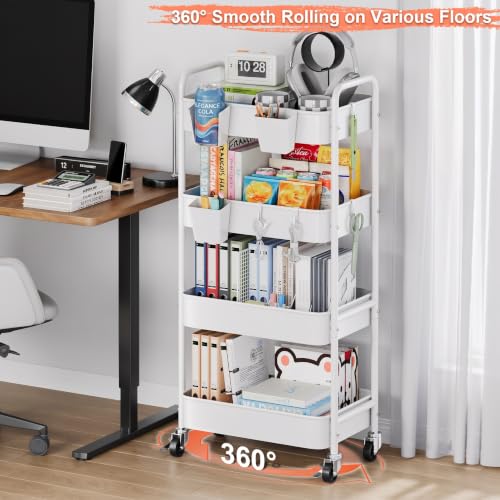 4 Tier Rolling Storage Cart Metal with Wheels, 37in Heavy Duty Roller Carts - color: Light White, size: 4 Tier + Cups + Hooks