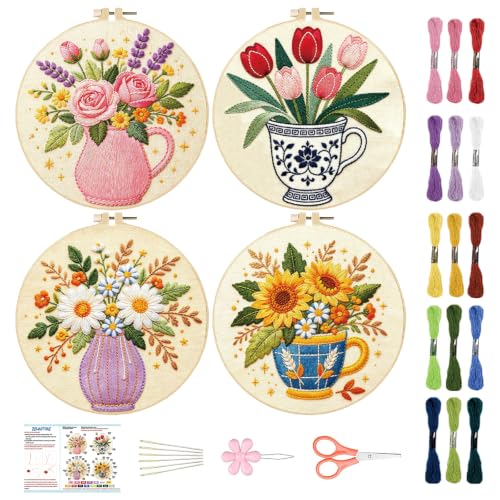 BEUNITONE 4 Set Embroidery Kits for Beginners, Flower Arrangement Design with Pre-Stamped Pattern Craft Kits Include Instruction and Hoops, 7.9x7.9 Needlepoint Kits for Festival Gifts and Home Decor - style: B-Flower Arrangement