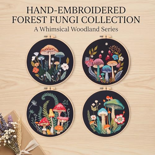 Harimau Adult Beginner Embroidery Starter Kit, Complete Set with 4 Patterns, 2 Hoops, Needles, Scissors, Instruction Guide & Stitching Video Tutorials - color: Mushroom pattern