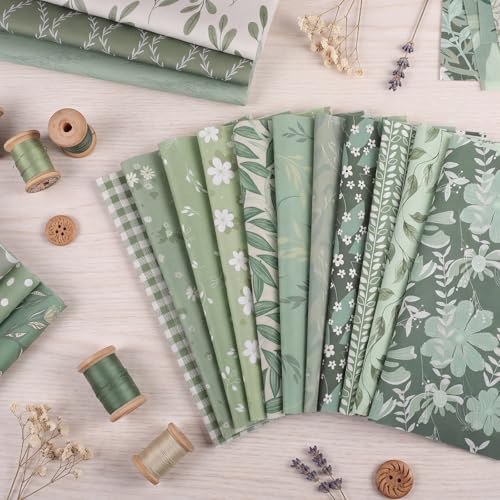 25 Pcs Sage Green Cotton Fabric Squares, 10 x 10 Inch, Precut - color: Green Leaf