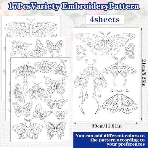 4 Sheets Stick and Stitch Embroidery Paper Patterns, Butterflies Stabilizer Water Soluble Hand Sewing, Embroidery Stencils, Embroidery Pattern for Hand Sewing Lover Beginners, Jean Bag T-Shirt (40Pcs)