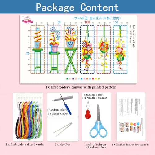 Zhenqing Indoor Flower Stamped Cross Stitch Bookmark Kit, 6 Potted and Hanging Plant Designs on 11CT Fabric for Beginners - color: Indoor Flower Bookmark
