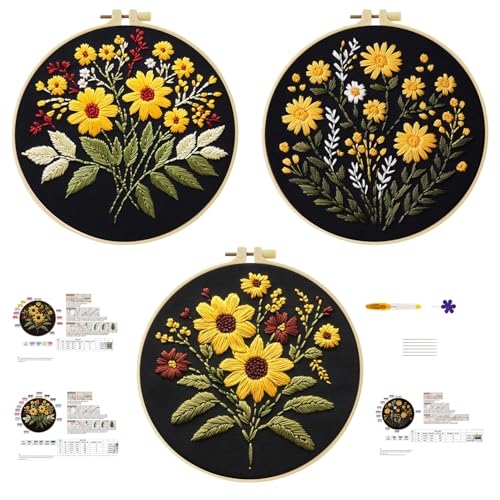 57lilina Embroidery Kit for Beginners, Pack of 3 with Hoop, Threads, Needle - color: Flower C