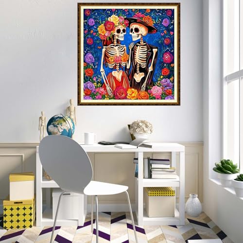 Redxing Counted Cross Stitch Kit for Beginners,Unprinted Needlepoint Kits for Beginners Cross Stitching Embroidery Kit 11CT Stitches kit-Skeleton Couple Flowers 18x18 inch - color: KitColors24