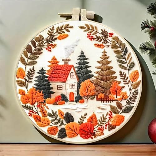 Huacan Embroidery Kit for Beginners Adults Includes Stamped Flower Pattern, Hoop, Color Threads,Tools,Easy to Follow Instruction (House)