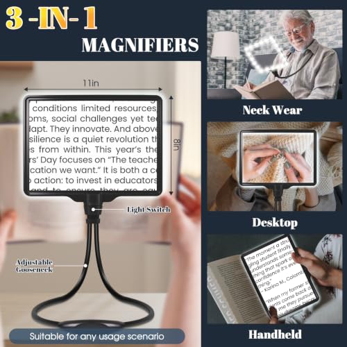 Large Magnifying Glass with Light Hands Free, Rechargeable Page Magnifier