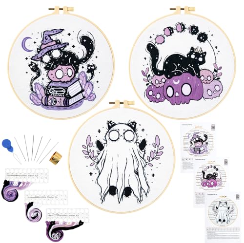 Crafmanoe Halloween Embroidery Kit for Beginners Adults, Skull Cat Stamped Cross Stitch Kit for Adult Beginner, Gothic Ghost Hand Embroidery Needlepoint Kits, 3 Set Embroidery Hoops and Video Tutorial - color: Purple