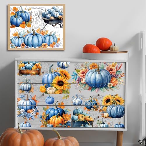 Wxiben Rub on Transfers for Crafts and Furniture - 6 Sheet Fall Pumpkin Rub on Transfers Stickers Watercolor Autumn Sunflower Furniture Decals for Thanksgiving Harvest Wood DIY Craft Home Office Decor - style: Blue Fall Pumpkin