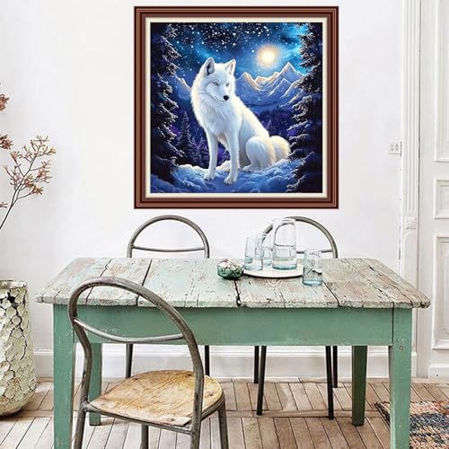 Dimxvean Counted Cross Stitch Kits for Adults,11CT Unprinted Cross-Stitch Pattern Embroidery Kit Cross Stitching Kit Supplies Needleworks Set-Night Moon Snow Wolf 18x18 inchs - color: SetColor06