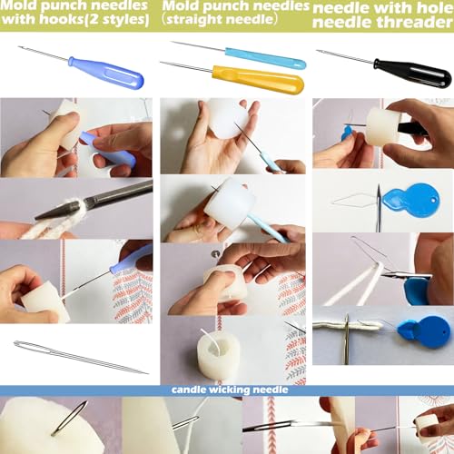 Candle Wick Needle Kit Candle Wick Inserting Tool Mold Punch Needle with Hook & Eye, Large-Eye Needle for Candle Silicone Molds,Candle Wick Roll 200 Ft 24 Wick Spool,Threader,Wick Holders - color: 23pcs