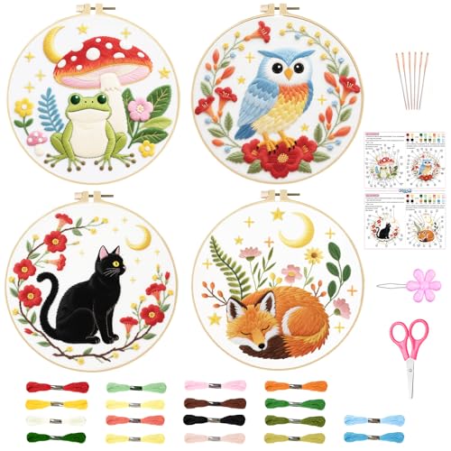 ORIGACH 4 Pack Dark Background Animal Embroidery Kit for Beginners - style: Animal