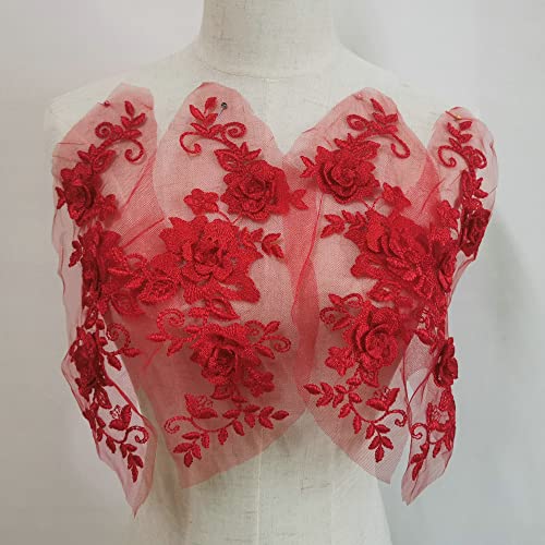 1 Pair 29 * 13cm Red/Pink/Purple/Sky Blue Wedding Dress Lace Shirt Accessories Embroidery Lace Garment Design DIY Accessories (Red) - color: Red