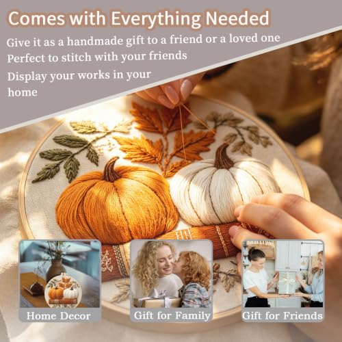 FONNUY Pumpkin Embroidery Kit for Beginners, Pre-Stamped Pattern Kits for Adults with Hoop, Easy to Follow Color Thread Needlework, 8'' Hoop (White) - color: White