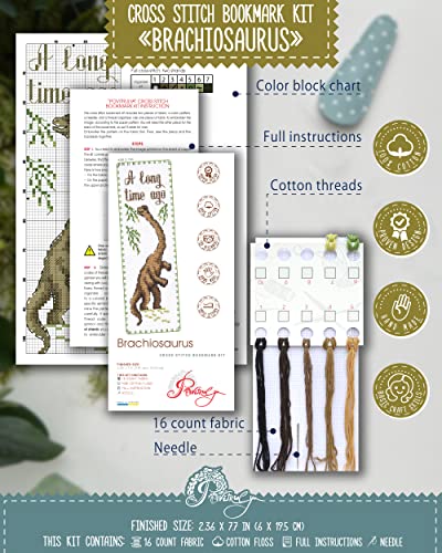 Povitrulya Dinosaur Counted Cross Stitch Kit Brachiosaurus - DIY Bookmark Set for Hand Embroidery - color: Brachiosaurus