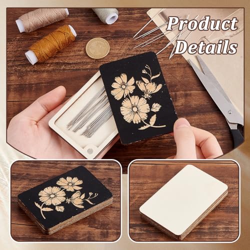 AHANDMAKER 2 pcs Wooden Needle Box Sewing Needle Storage Box Sewing Pins Organizer with Flower Print for Quilters, Sewers, Tailors, Black,3.15x1.97x0.14 Inch