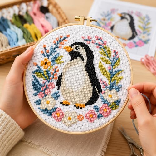 Zhenging Animal Cross Stitch Kit – 4 Pre-Printed Designs (Sloth, Bird, Penguin, Calf) with 11CT 9.45x9.45 Inch Fabric, Hoop, Scissors, Threader & Tools for Beginners & Adults - color: 69569