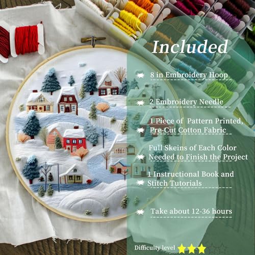 FONNUY Crewel Christmas Embroidery Kit for Beginners, Cross Stitch Set Winter Snow Scene Pine Owl Pattern for Adults, Easy to Follow Color Thread Needlework, 8'' Hoop (Snow Village) - style: Snow Village